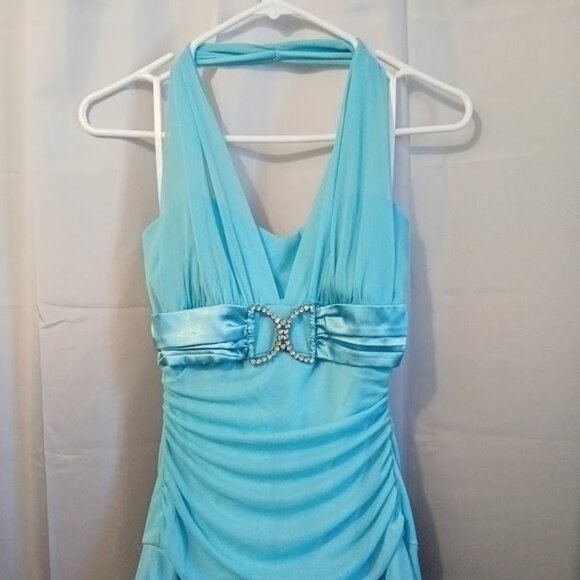 TABOO Formal Dress sz M Chiffon Midi Halter Aqua Blue sexy Wedding Prom Stretch! - Picture 4 of 11